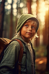 A young boy with a backpack in the woods. Generative AI.