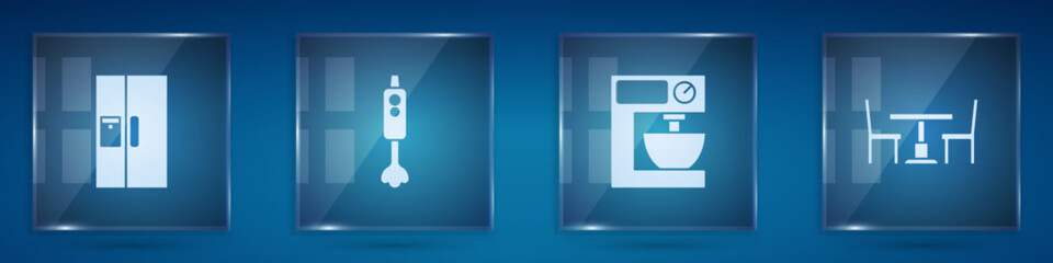 Set Refrigerator, Blender, Electric mixer and Wooden table with chair. Square glass panels. Vector