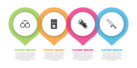 Set Handcuffs, Telephone call 911, Police electric shocker and rubber baton. Business infographic template. Vector