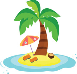Summer flat vector illustration. Tropical island with palm tree, slippers, flip flops, coconut and umbrella.  © Jolie