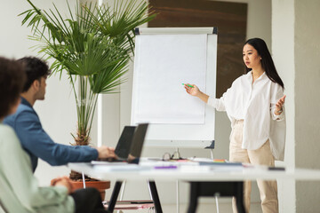 Successful Japanese Businesswoman Presenting Project Pointing At Whiteboard In Office