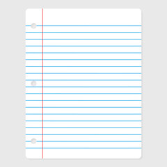 Notebook paper punch holes with blue line , red front line and shadow on gray background. Vector illustration template for education.