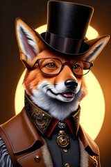 close-up of a fox in a hat and glasses, top hat, coat, generative AI