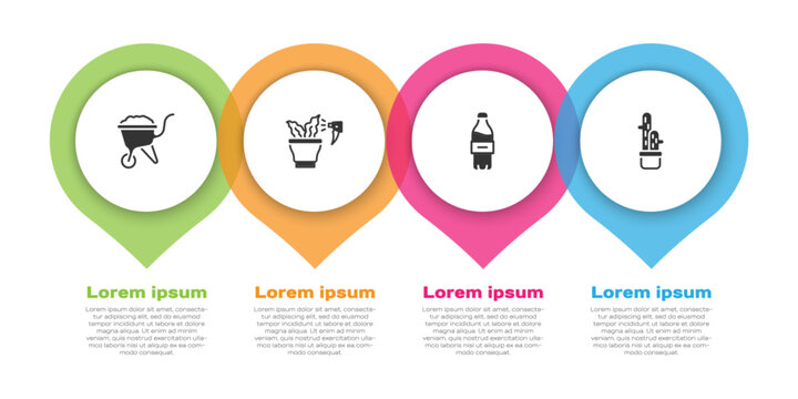 Set Wheelbarrow with dirt, Spraying plant, Bottle of water and Cactus peyote pot. Business infographic template. Vector