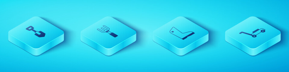 Set Isometric Shovel, Garden rake, Lawn mower and Rubber gloves icon. Vector