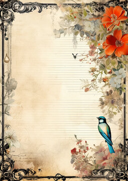 Printable Vintage Bird and Roses Stationary or Background Stock