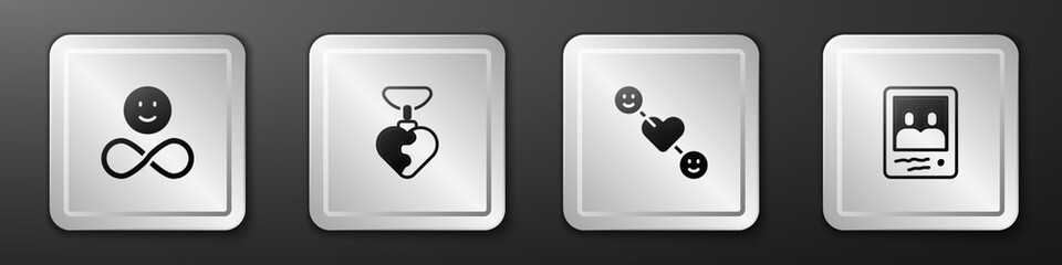 Set Friends forever, Necklace with heart shaped, Romantic relationship and Family photo icon. Silver square button. Vector