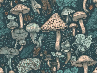 Seamless pattern with hand drawn forest mushrooms. Created with Generative AI technology