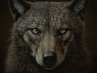 Portrait of a wolf in a dark background. Created with Generative AI technology.