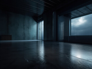 Empty dark room with concrete floor and black wall Created with Generative AI technology