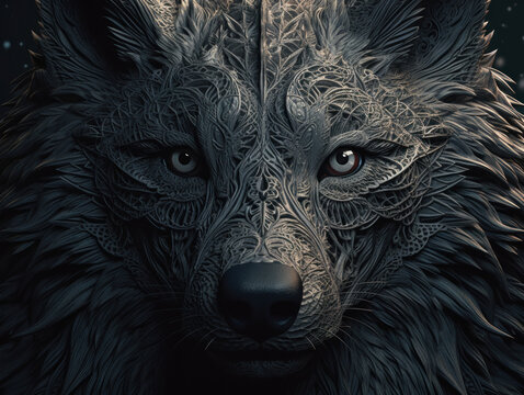 Fantasy portrait of a wolf with an abstract pattern on the face Created with Generative AI technology.