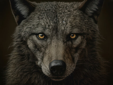 Portrait of a wolf in a dark background. Created with Generative AI technology.