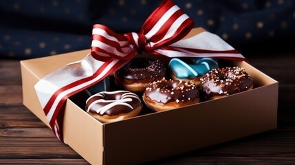 assortment of donuts with icing with the American flag pattern on the icing, in a box on a wooden table. Donut Day in the USA. Generative AI