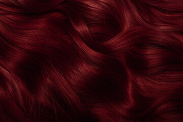 Dark red hair close-up as a background. Women's long brown hair. Beautifully styled wavy shiny curls. Coloring hair with bright shades. Hairdressing procedures, extension.