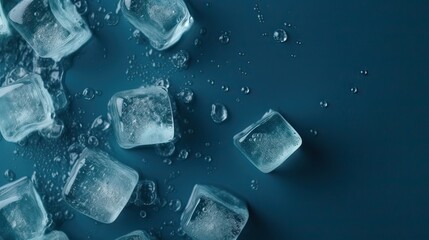Obraz premium Ice cubes with water drops scattered on a blue background, top view.