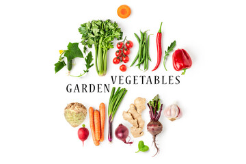 Different fresh vegetables creative layout isolated on white background.
