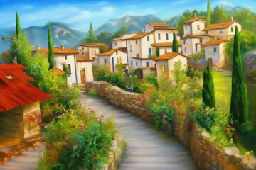 Fototapeta na wymiar beautiful painting of a small village in italy in summer, landscape, genrative ai