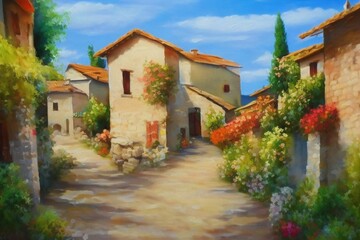Fototapeta na wymiar beautiful painting of a small village in italy in summer, landscape, genrative ai