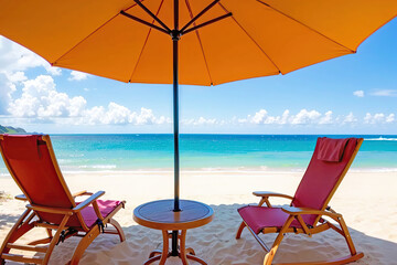 Deck chairs with sun umbrella on the beach at summer season