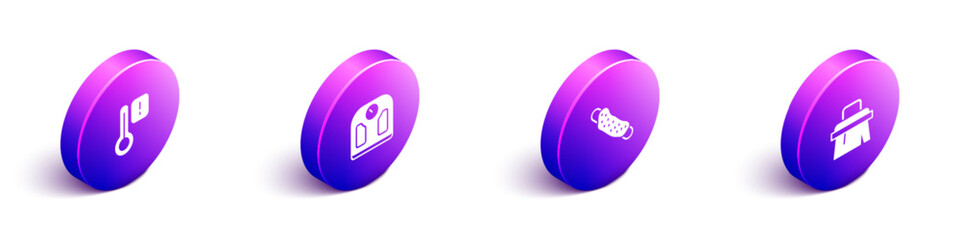 Set Isometric Sauna thermometer, Bathroom scales, Washcloth and brush icon. Vector