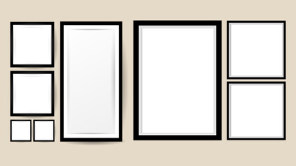 Black picture frame layout set , realistic vertical picture frame, picture frame mockup template isolated on background. illustration Vector EPS 10