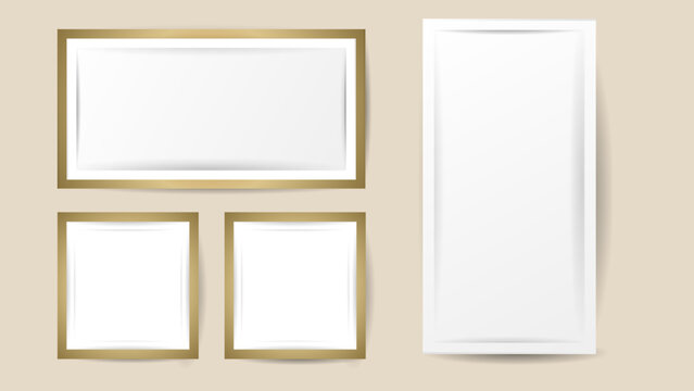 Gold picture frame layout set , realistic vertical picture frame, picture frame mockup template isolated white background. illustration Vector EPS 10