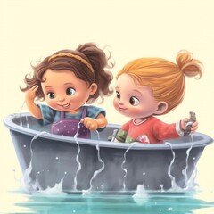 two toddler girls playing captain of the tub, - AI-generated