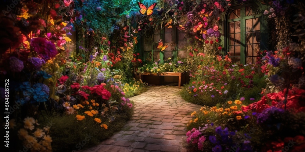 Wall mural A magical garden filled with flowers that bloom into butterflies, showcasing the enchanting beauty of transformation, concept of Metamorphosis, created with Generative AI technology