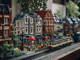 The atmosphere of a miniature city with several storey buildings facing the main road was built using small plastic blocks. The road is partially busy with people and vehicles.