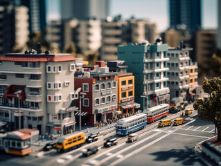 The atmosphere of a miniature city with several storey buildings facing the main road was built using small plastic blocks. The road is partially busy with people and vehicles.