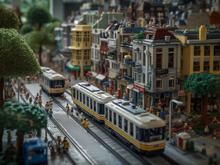 Naklejka premium The atmosphere of a miniature city with several storey buildings facing the main road was built using small plastic blocks. The road is partially busy with people and vehicles.