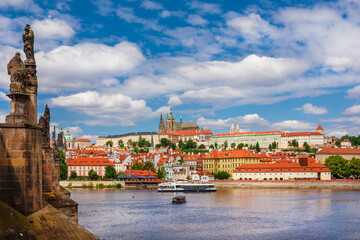 Beautiful view of Prague historical center with River Vltava, Charles Bridge and St Vitus Cathedral