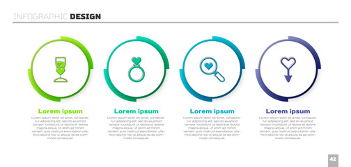 Set Glass of champagne, Wedding rings, Search heart and love and Female gender symbol. Business infographic template. Vector