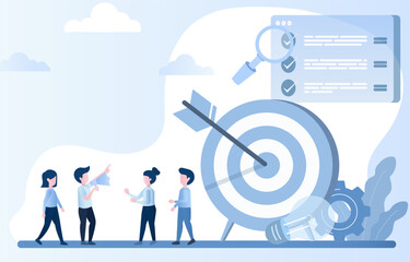 Business ideas. Business people stand and discuss how to achieve goals. Manage, improve, develop strategies based on data analysis and tactical plans for success. Vector illustration with copy space.