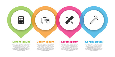 Set Seismograph, Mining dump truck, Crossed ruler and pencil and Construction jackhammer. Business infographic template. Vector © Vadim