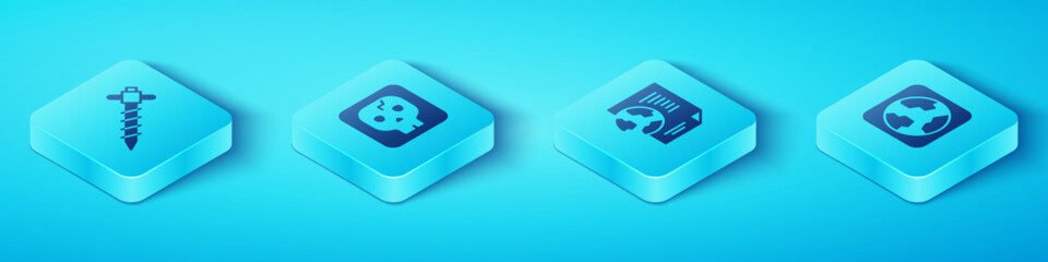 Set Isometric Construction jackhammer, Archeology, Earth globe and with document icon. Vector