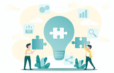 Business ideas. Working together to achieve results, brainstorm, plan ideas and analyze market trends. Improve and develop the company. Flat vector illustration.