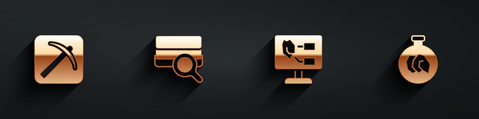 Set Pickaxe, Soil analysis, and Exhibition with minerals, rocks icon with long shadow. Vector