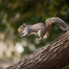 Naklejka na ściany i meble grey squirrel jumping on a branch in front of leaves, created with generative ai tools