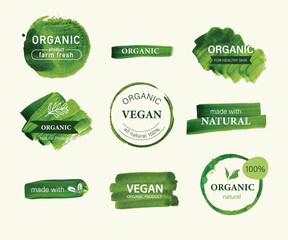 Organic label and natural label hand drawn watercolor painting brush. Logo Element Farm fresh, vegan food mark.