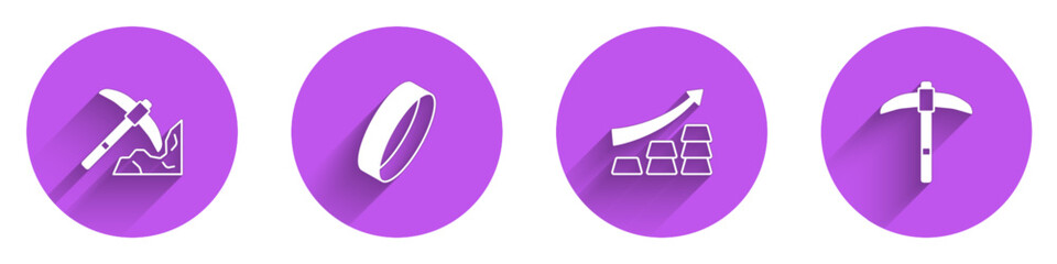 Set Gold mining, ring, Growth arrow with gold bars and Pickaxe icon with long shadow. Vector