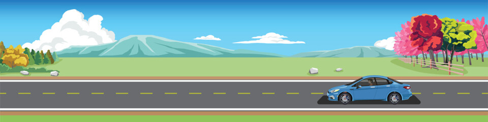 Plakat Cartoon transport travel for banner. Sport car with driving for travel. Asphalt road near the green grass and spring trees. Mountain and blue sky with white clouds. Copy Space Flat Vector.