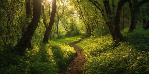 A winding path through a lush, green forest with sunlight filtering through the leaves, concept of Natural serenity, created with Generative AI technology