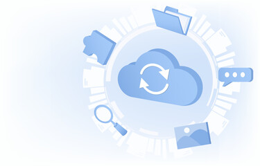Cloud data storage concept. Online internet storage, database server, cloud synchronization, upload and download. Flat vector design illustration with copy space.