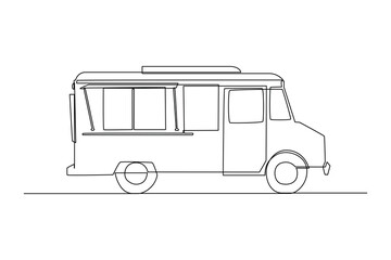 Single one-line drawing food truck with closed windows. Food truck concept. Continuous line drawing illustration.