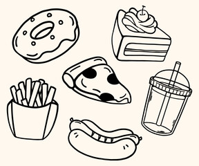 Delicious Fast Food and Beverages: Vector Illustration of Donut, Cake, Pizza, and Drink