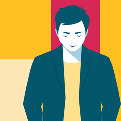 Vector banner in flat style with a young handsome man in a suit. The illustration elements are isolated from each other, there is a place for text on the background.

