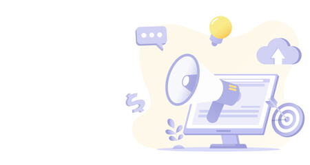 Digital marketing and announcement concept. Online content, advertising, strategy plans, tactical management, cloud computing, financial and promotion. Flat vector design illustration with copy space.