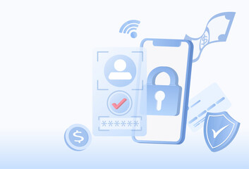 Protection concept. Safety and security technology. Protect personal detail, password, firewall, sensitive data, account access. Flat vector illustration with copy space.