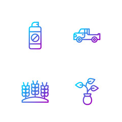 Set line Plant, Wheat, Garden sprayer for fertilizer and Pickup truck. Gradient color icons. Vector